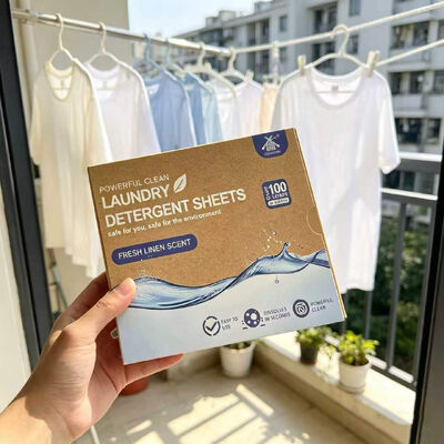 Folhas de detergente para roupa de substâncias tensioativas à base de plantas com mais de 55% de ingrediente ativo e cuidados integrados para suavizar os tecidos