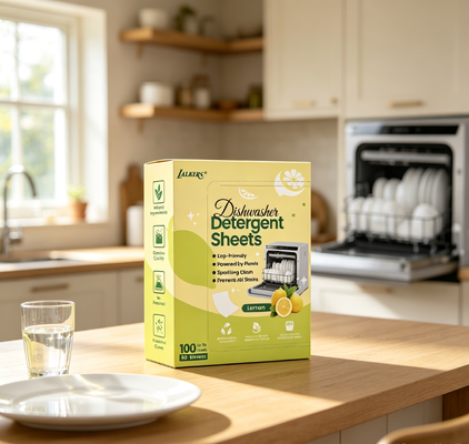 Folhas de lavar louça compostáveis com ingredientes de origem vegetal para pratos limpos e espumantes